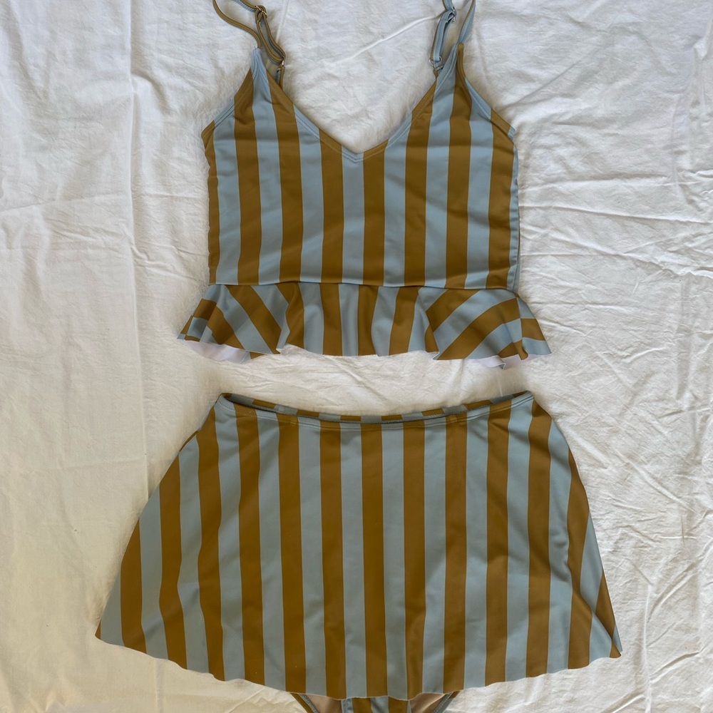 Kortni Jeane Light Blue and Olive Green Striped Swim Suit